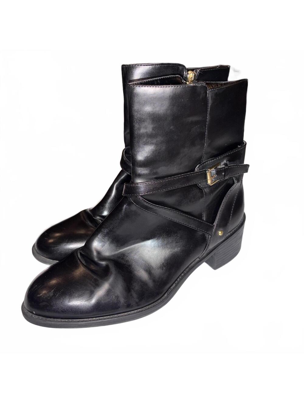 Chaps Black Faux Leather Ankle Boots Women's 10 Side Zipper Buckle Strap
